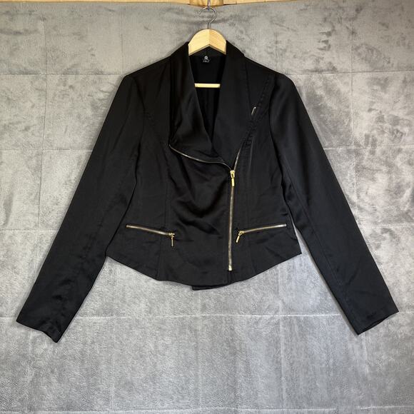 Guess Moto Jacket Womens Medium Black Satin Brass Zippers Cropped 90's Bikercore - Picture 1 of 12